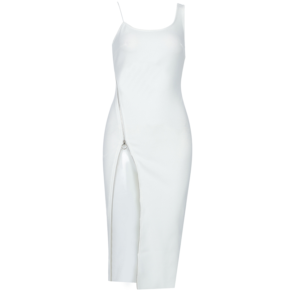 Free Women Bandage Dress White Square Neck Sleeveless Sexy Zipper Split Midi Bodycon Party Vestido 210524