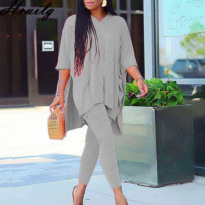 Fall Clothes for Women 2 Peice Sets Half Sleeve V Neck Oversize Tops Pencil Pants Set Solid Autumn Sweat Suits Fashion Outfits 211105
