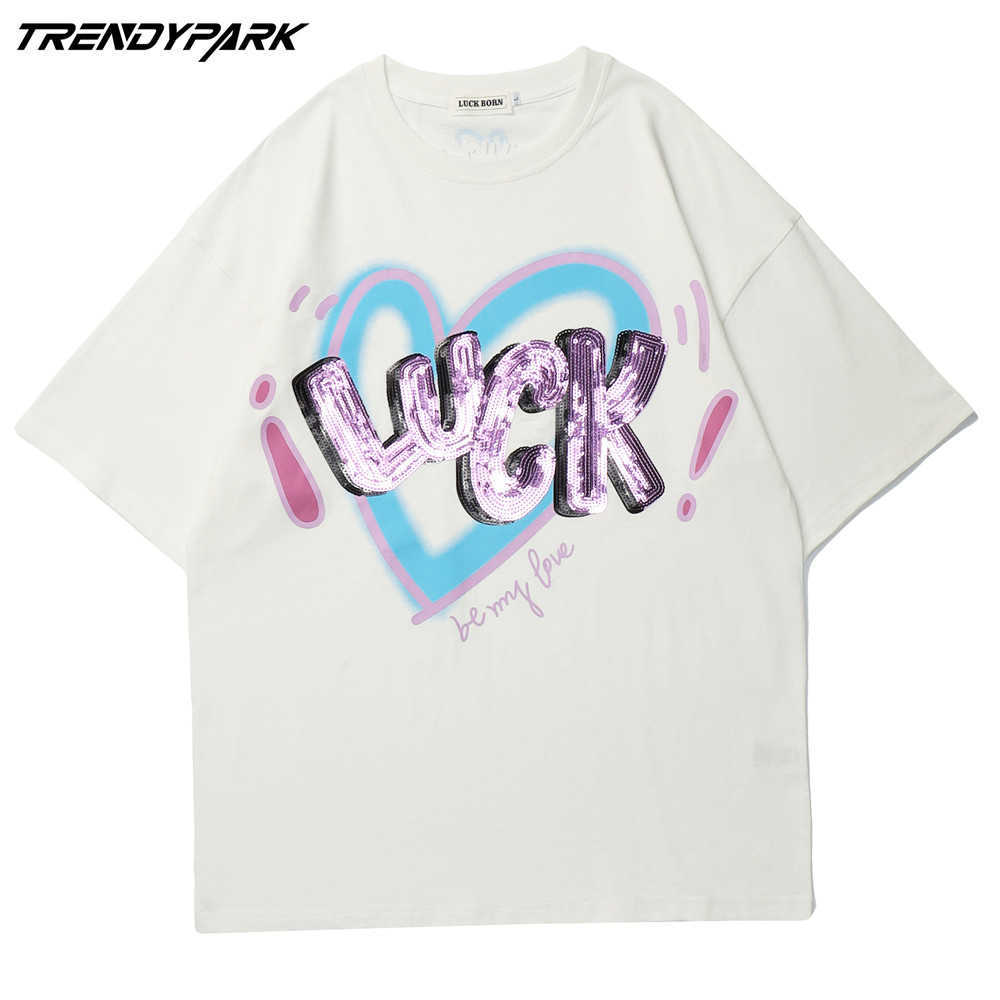 Men's Luck T-shirt Summer Short Sleeve Reflector Embroidery Tee Hip Hop Oversized Cotton Casual Harajuku Streetwear Top Tshirts 210601