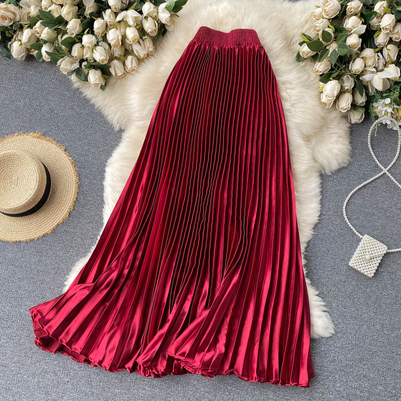 High Waist Long Skirts Womens 2024 Maxi Pleated Skirt Women Clothing Elegant Office Lady Fashion Metallic Satin Skirt