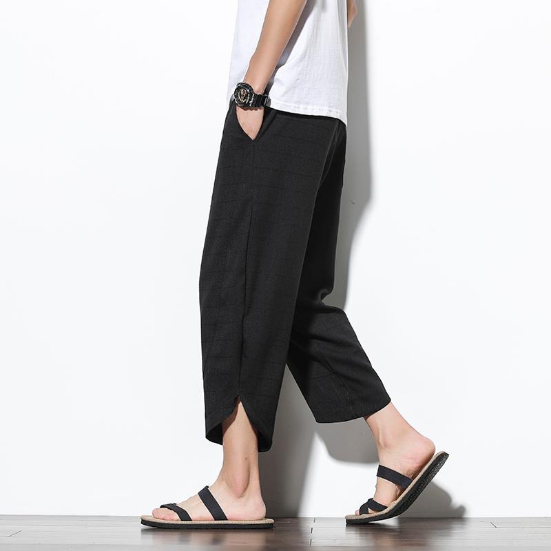 Ankle-Length Cotton Linen Plaid Pants Men Trousers Hip Hop Jogger Sweatpants Streetwear Harem Men's