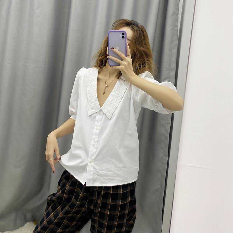 Women White Shirt Summer Fashion Half Sleeve Short Tops Modern Lady Embroidery Blouse 210602