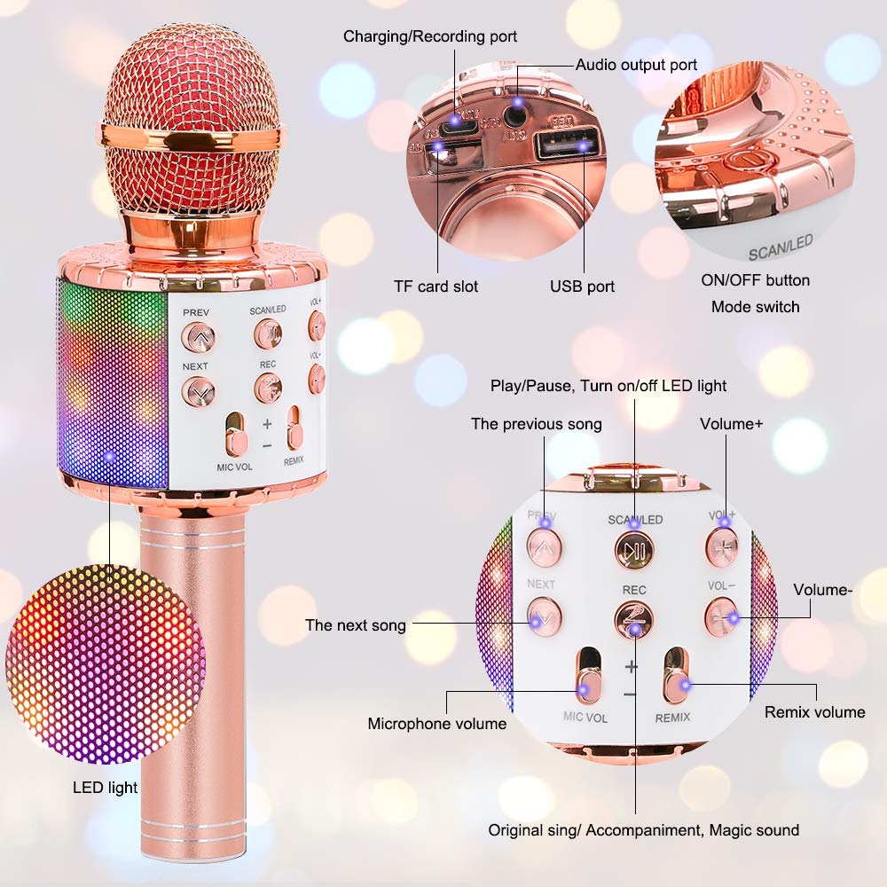 Wireless Karaoke Microphone Bluetooth Handheld Portable Speaker Home KTV Player with Dancing LED Lights Record Function for Kids