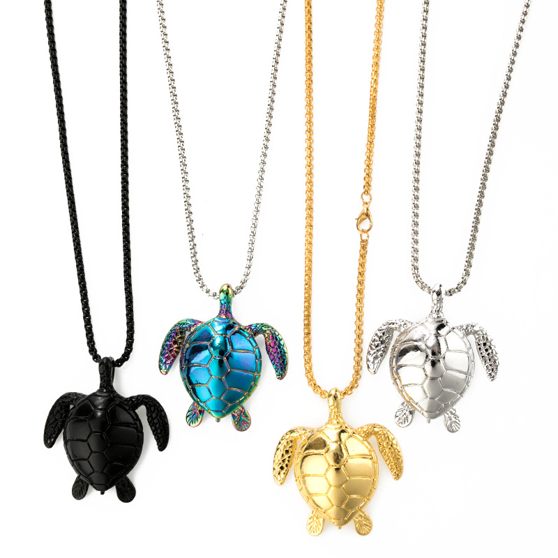 Steel Mens Womens Oxidized Rainbow Sea Turtle Tortoise Pendant Necklace 24 inches Chain, Animal Love