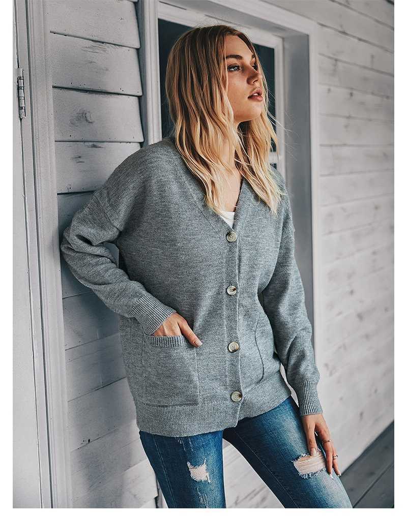Fashion V-neck Casual Cardigans Autumn Winter Single Breasted Cardigan Women Full Sleeve Pocket Knitted Sweater Tops 210604