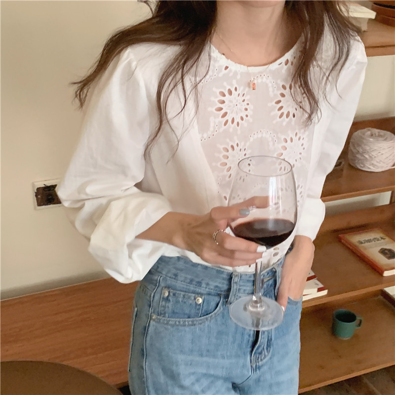 spring autumn women's White blouse Korean Chic style O neck Hollow Out shirt women outwear Long sleeve tops (G9225 210423