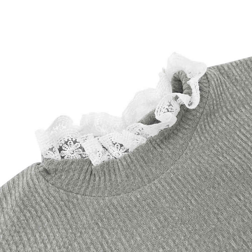 Women Sweaters Fashion Pure Gray Crewneck Ribbed Knitted Stitching Lace Pullover Jumpers Tops Autumn Spring New Clothes 210415
