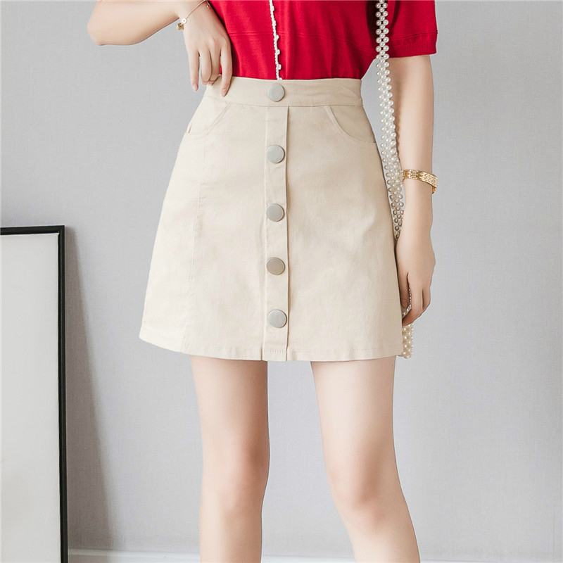 Button Pocket Casual Women Elegant Skirts High Waist A-line Autumn Fashion Denim Skirt 6185 50 210508