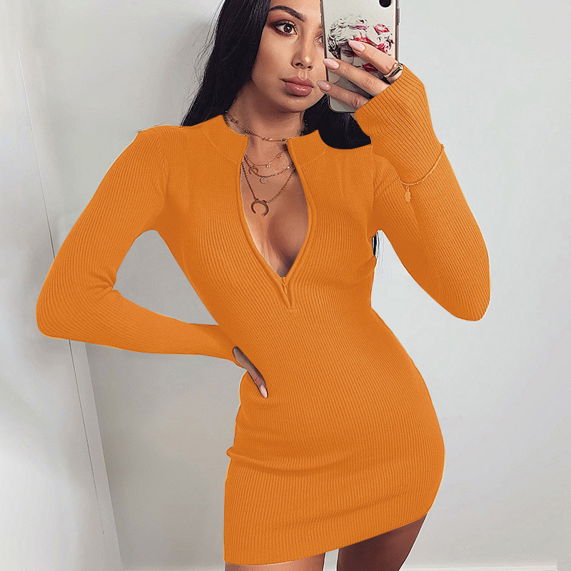 Women Winter Fall Bodycon Ribbed Dress New Stand Collar Zipper Deep V-neck Solid Stretch Bodycon Pencil Party Mini Vestido 210419