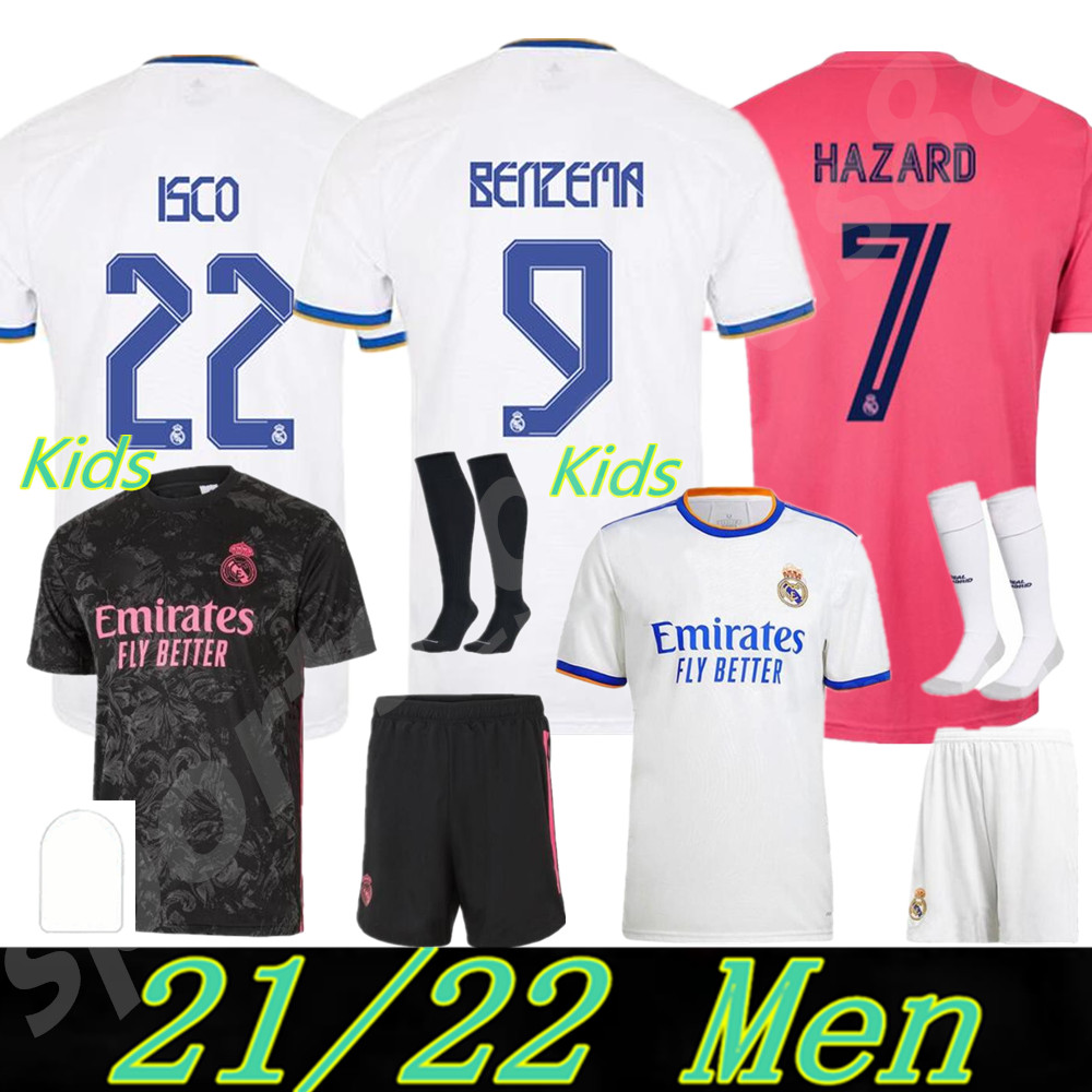 MEN Kids +Socks Real Madrid Soccer Jersey Fourth 20 21 22 HAZARD ASENSIO SERGIO RAMOS ALABA MODRIC MARCELO Camiseta 2021 2022 VINI JR BENZEMA Player Football Shirts