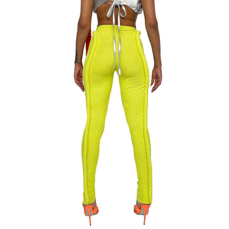 Simenual Neon Green Ribbed Fitness Women Leggings Fashion Streetwear Mid Waist Fall Pants Sporty Workout Leggins Casual 211204