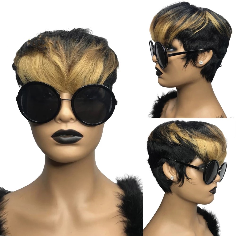 Ombre Blonde Pixie Short Cut Bob Wig 150% Density Brazilian Remy Wavy Human Hair No Lace Wigs For Black Women