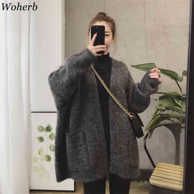 Korean Women Loose Cardigan Female chic thick Sweater Jacket Autumn Winter V-neck oversized knitted sweaters Coat 210422