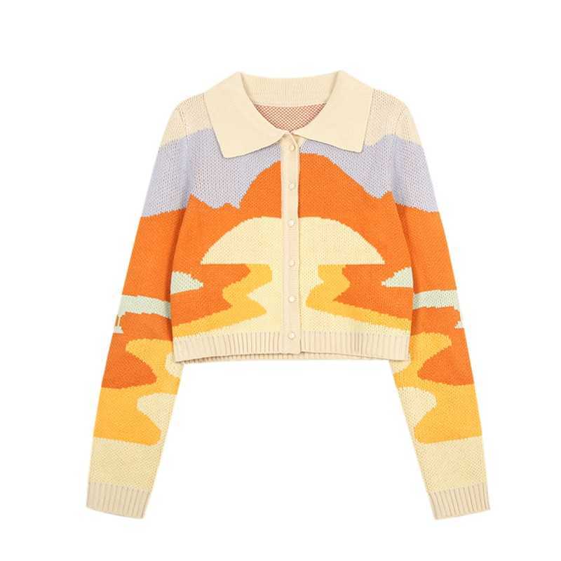 Yedinas Sweet Cropped Cardigan Knitted Long Sleeve Oil Painting Cute Women Sweater Slim Ladies Jumper Korean Fashion 210527
