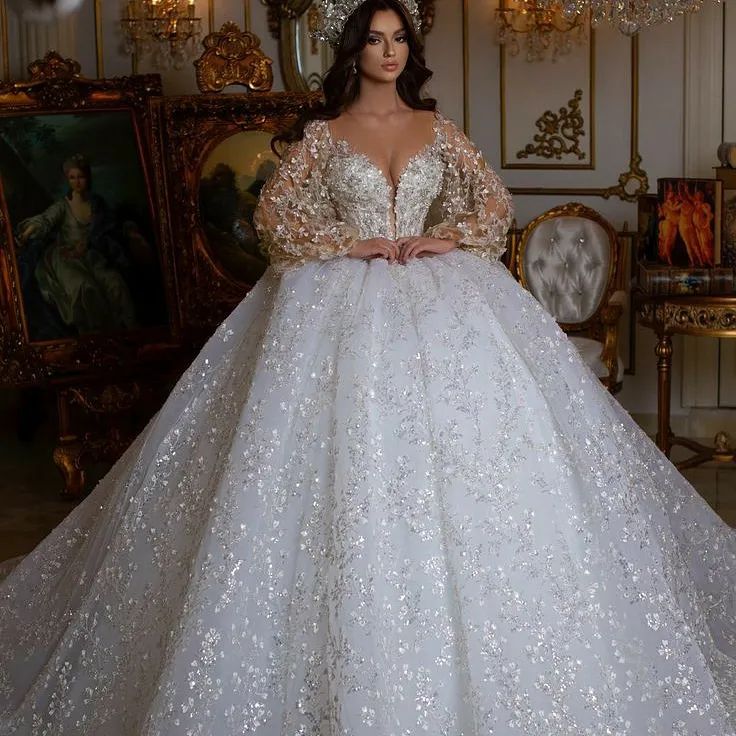 Dubai Vestidos Novia Ball Gown Wedding Dress 2022 Long Sleeve 3D Flower Lace Luxury Bridal Gowns Crystal Beads Bride robes de mariée