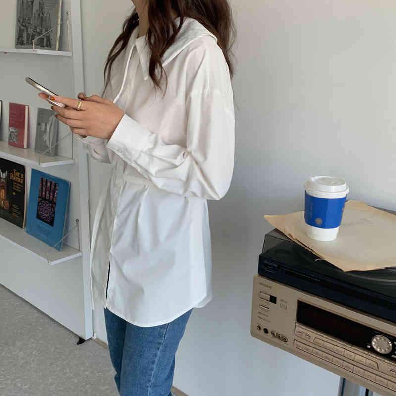 White Vintage Full Sleeves Brief Solid All Match Retro Lace-Up Office Lady Female Streetwear Chic Korean Shirts 210421
