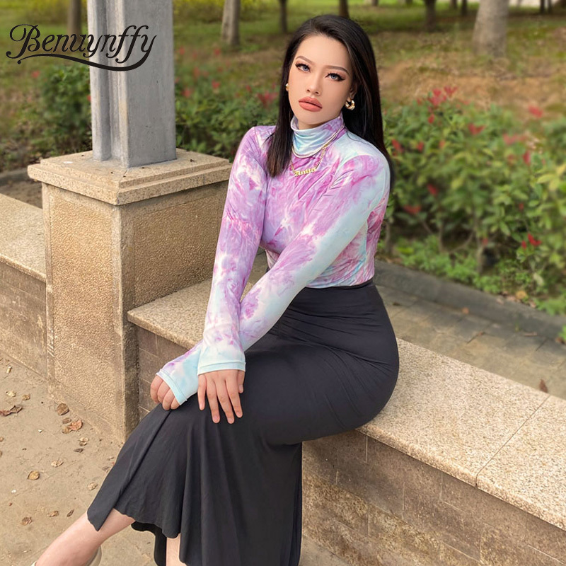 Turtleneck Long Sleeve Tie Dye Bodysuit Women Spring Plus Size Body Top Streetwear Casual Ladies Slim Fit Bodysuits 210510