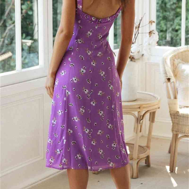 Fashion Purple Floral Boho Beach Style Long Dress for Women Summer Sundress Lace Up Holiday Casual Midi Dress Vestido De Mujer 210415