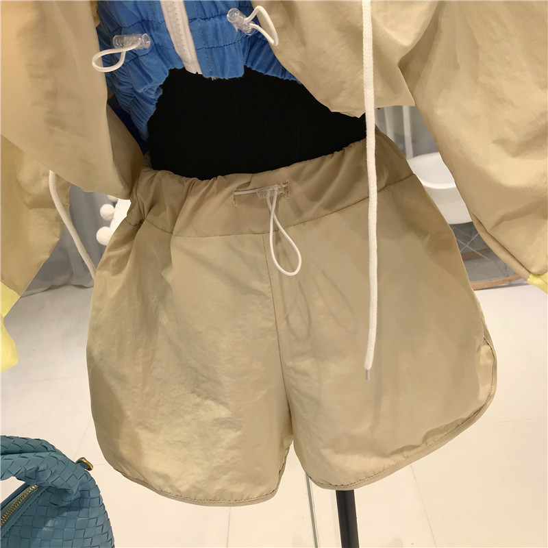 Summer Lantern Sleeve Contrast Color Jacket Stand Collar Coats + High Waist Shorts Female Women Clothing 2 Piece Set 210506