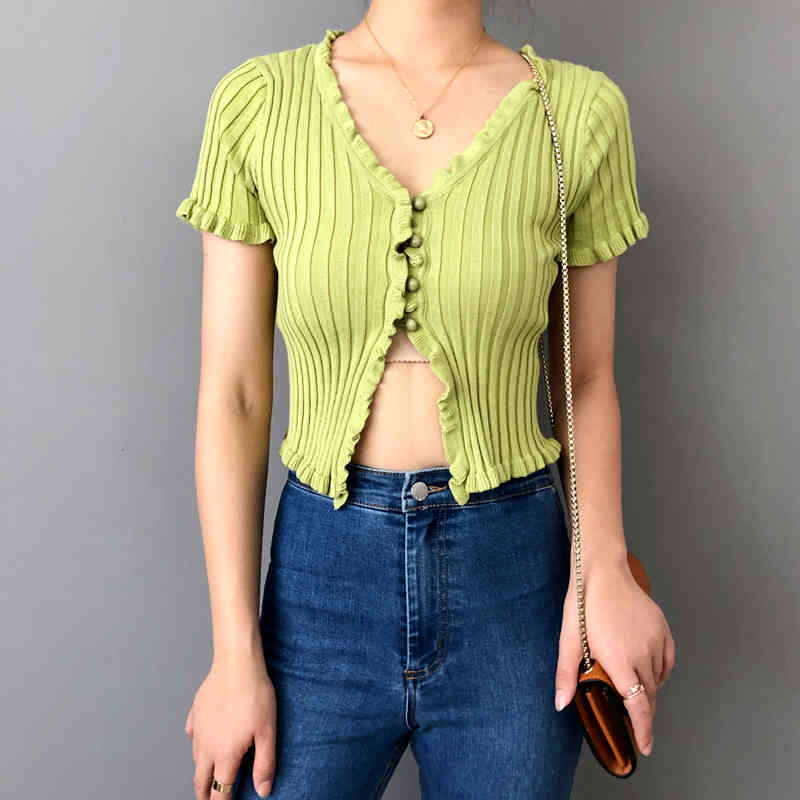 Sexy black knitted cardigan women crop sweater v neck ruffle cropped casual korean spring 210521