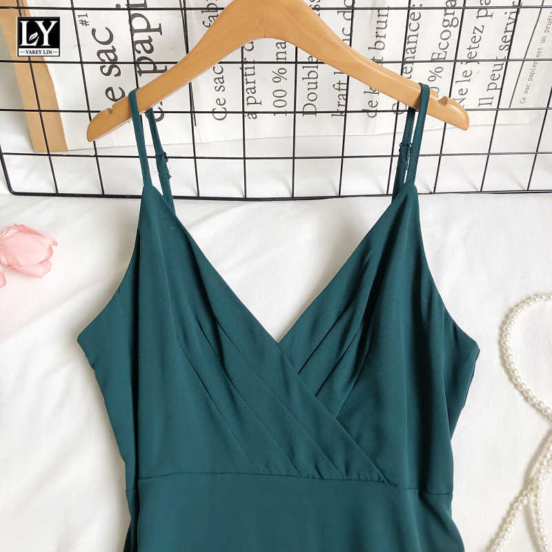 LY VAREY LIN Summer Women Sexy Slim Solid Color High Waist A-line Suspender Dress Casual V-neck Sleeveless 210526