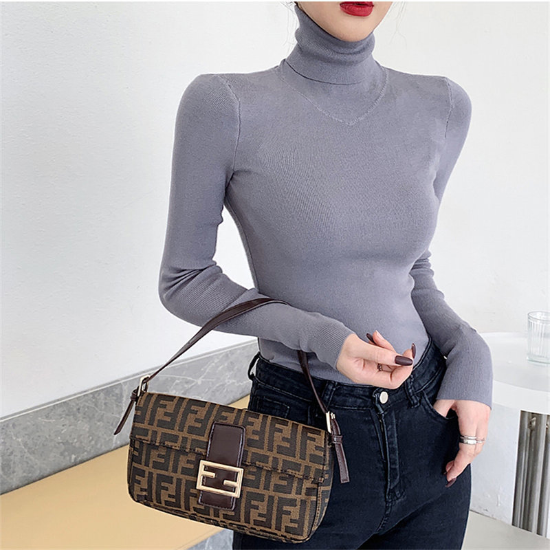 Streetwear Vintage Basic Slim Turtleneck Office Lady Fashion Retro Knitted Elegant High Quality Solid Tops Sweaters 210421