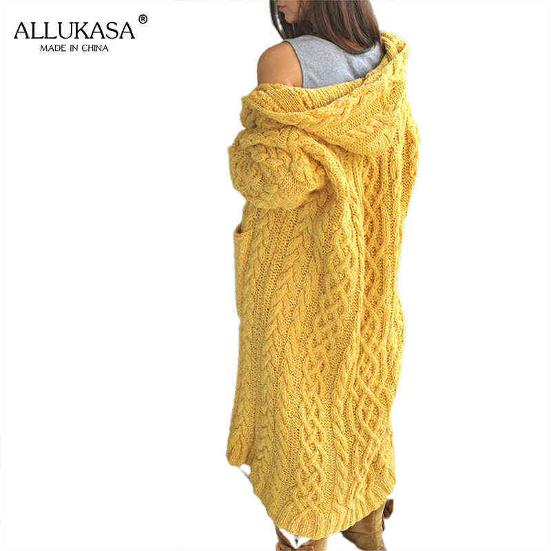 Pure color plus size long knitted cardigan women's hooded long-sleeved casual loose oversized knitted jacket for fall/winter 211117