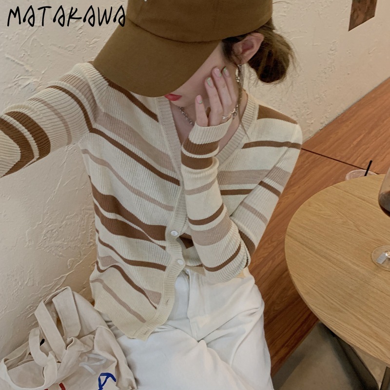MATAKAWA Striped Women's Sweater Contrast Color V-neck Long-sleeved Knitted Cardigan Sweaters Spring Slim Single Breasted Top 210513