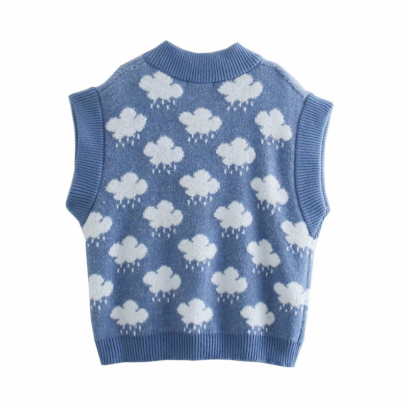 Casual Woman Loose Blue Clouds V Neck Knitted Vest Spring Fashion Ladies Sleeveless Sweaters Girls Sweet Soft Knitwear 210515