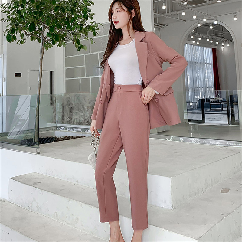 Solid Chic Elegance Slim Gentle All Match OL Blazer +Straight Loose Trouser Office Lady Women Suits 2 Piece Sets 210421