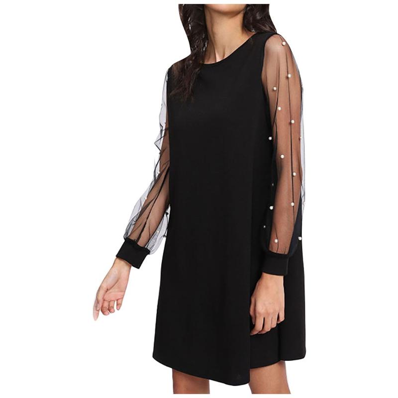 Women Fashion Puff Sleeve Mesh Beaded Slim Long Solid Colors Dress Sexy Elegant Evening Party Club Vestidos#g3 Casual Dresses