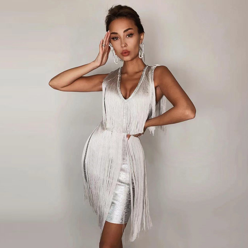 Summer Women Silver Tassel Sleeveless Bandage Dress Sexy Deep V Neck Tank Mini Club Celebrity Runway Party 210423