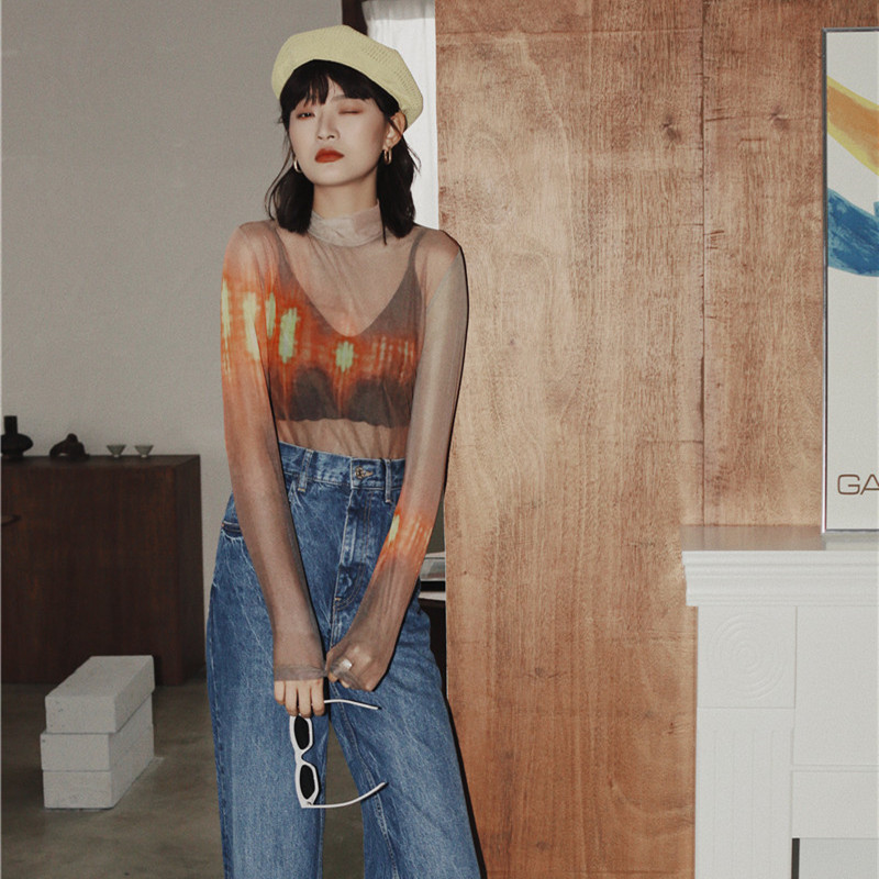 CHEERART Turtleneck Mesh Top Long Sleeve T Shirt Women Transparent Top Neon Print Basic Tshirt Summer Fashion 220516