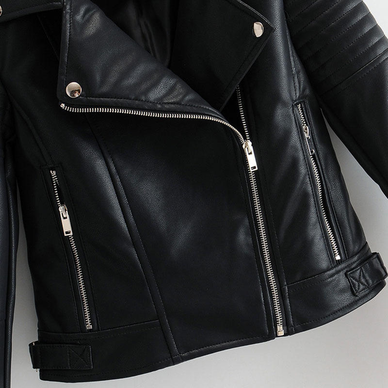 Women Fashion Solid Motorcyle Jacket Faux Leather Long Sleeve Coat Turn Down Collar Streetwear Zipper Jackets 210414