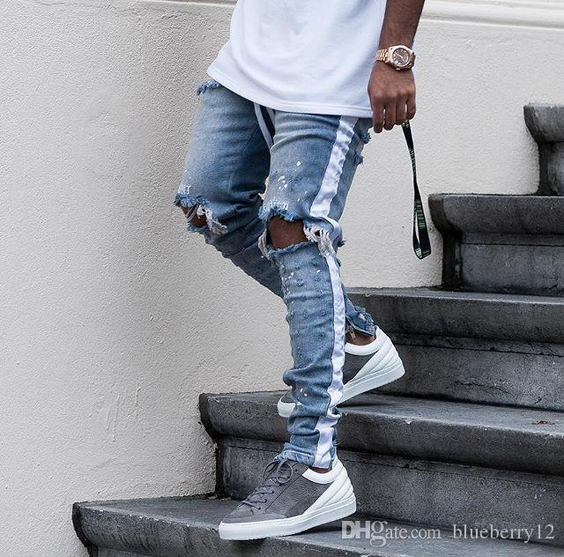 QNPQYX New Mens Hip Hop Ripped Jeans Destroyed Hole Skinny Biker Jeans White stripe stitching Zipper Decorated Black Light Blue Denim Pants
QNPQYX New Mens Hip Hop Ripped Jeans Destroyed Hole Skinny Biker Jeans White stripe stitching Zipper Decorated Black Light Blue Denim Pants