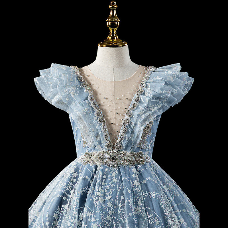 Puffy Flower Girls Dresses 3D Flower V Neck Long Sleeve Kids Teens Pageant Gowns Birthday Party Dress For Wedding long tail Gown 2021