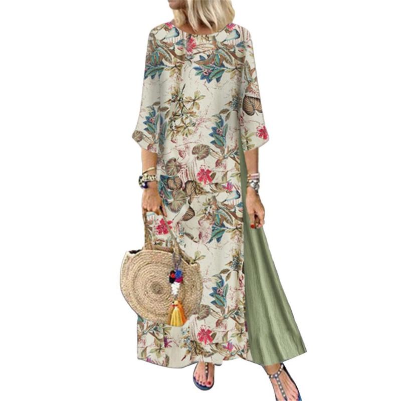 Plus Size Women 3/4 Sleeve O Neck Floral Leaves Print Stitching Loose Maxi Dress Casual Dresses