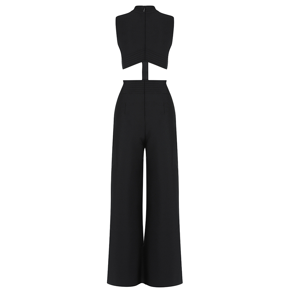 Summer Ladies Black Tight O-neck Sleeveless Hollow Pants Casual Office Straight Leg Sexy Party Jumpsuit 210525