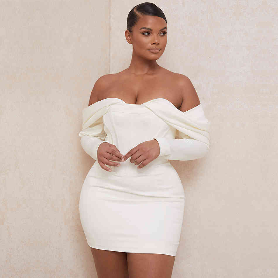 Winter Women White Off Shoulder Long Sleeve Bodycon Bandage Dress Sexy Draped Mini Celebrity Runway Party Dresses 210423