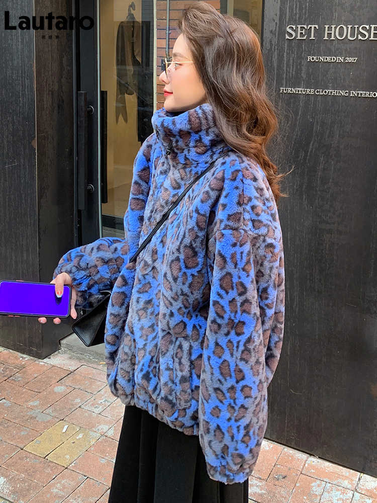 Lautaro Winter Oversized Colorful Leopard Print Faux Fur Coat Women Long Sleeve Zip Up Warm Soft Fluffy Jacket Korean Fashion 211019