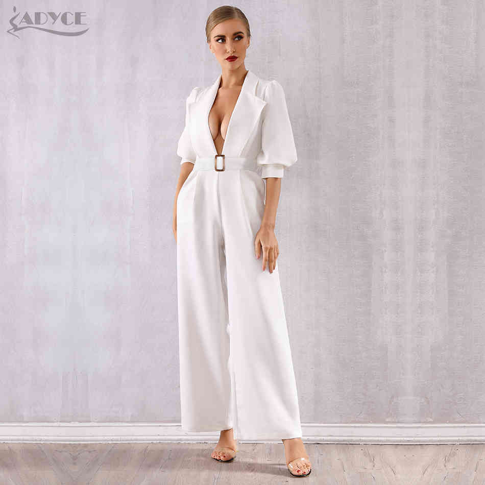 White Celebrity Runway Jumpsuit Women Sexy Deep V-Neck Long Sleeve Sashes Rompers Bodycon Bodysuits 210423