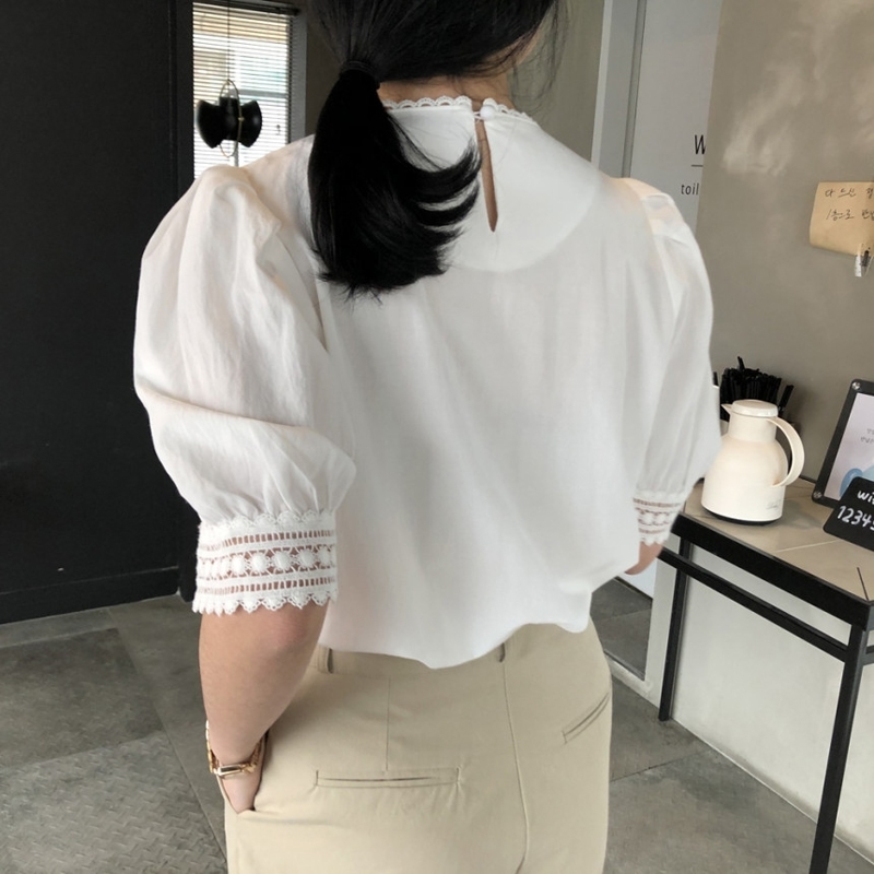 Nomikuma Lace Patchwork Blouse Women Summer Puff Sleeve Shirts Causal O-neck Korean Blusas Mujer De Moda 6H499 210427