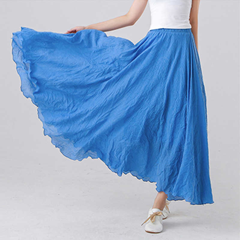 High Quality Cotton Linen Maxi Skirt Womens Casual Elastic Waist Pleated A-Line Beach Skirts Boho Saia Feminina Faldas Jupe 210619