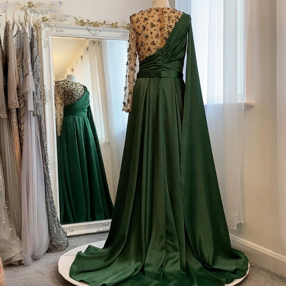 Saudi Arabic Green A Line Formal Evening Dresses Long Sleeve 2021 Luxury Crystals Beaded One Shoulder Satin Women Prom Party Gowns Pageant Dress