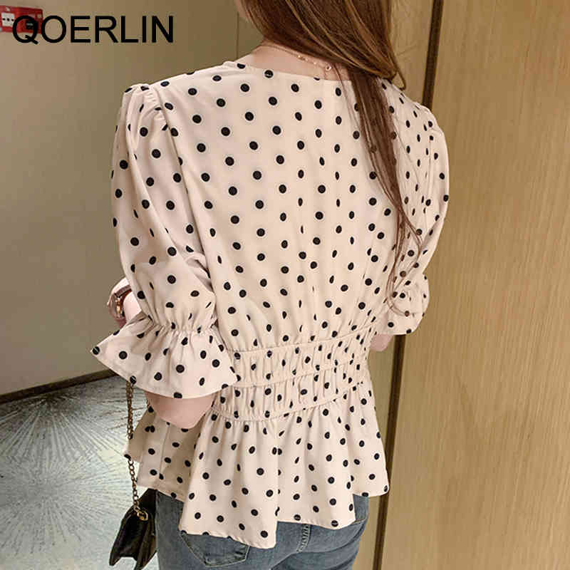 QOERLIN Vintage Polka Dot Blouse Women Summer Korean V Neck Short Sleeve Shirt Female Plus Size Flare Sleeve Top Shirts 210412
