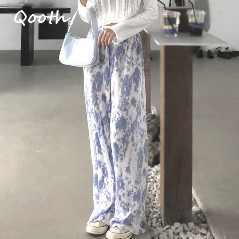Qooth Pleated Printed Wide Leg Pant's Summer High Waist Casual Retro Thin Straight Long Elastic QT662 210609