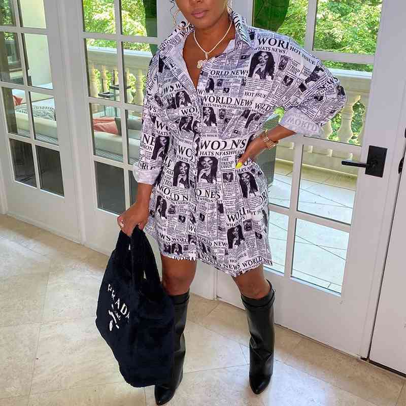 spaper Printed Casual Button Down Shirt Dress Long Sleeve Chic Mini Dress 210702
