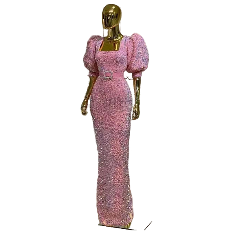 Glitter Pink Sequined Sheath Evening Dresses Floor Length Square Neck Short Sleeve Bling Prom Dresses Long Elegant Celebrity Party Gowns For Women Gir
