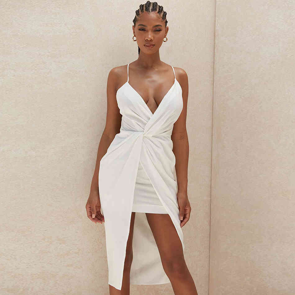 Summer Women Fashion White V Neck Backless Dress Sexy Spaghetti Strap Lace Up Celebrity Runway Party Dresses Vestidos 210423