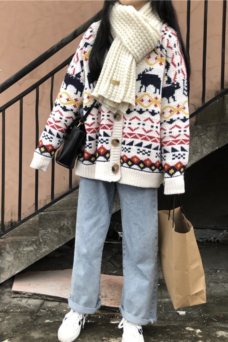 Kawaii Sweet Autumn Sweater Female Cardigan Loose Knit Coat Cute Cartoon Print V Neck Jumper Jacket Damski 210422